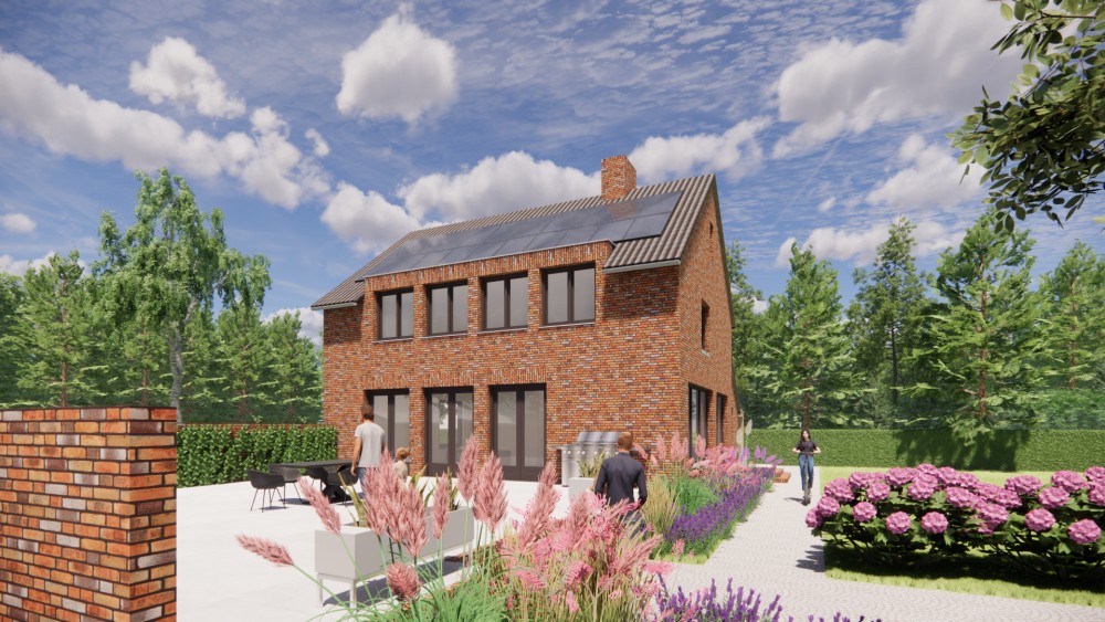 3D Render van woning met zadeldak in gegolfde dakpannen en roodbruin metselwerk met dakkapel en houten accenten 4