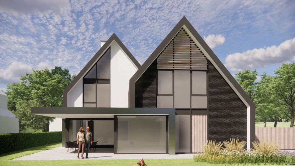 3D Render van eigentijdse villa met metselwerk gevels en zadeldak met vlakke dakpannen 6