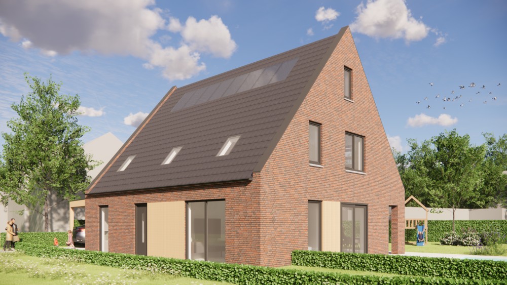 Afbeelding van Vrijstaande moderne woning in rood metselwerk met zadeldak van vlakke dakpannen en houten accenten - ef01d1f2-51d4-409f-87f9-474c5f352a34