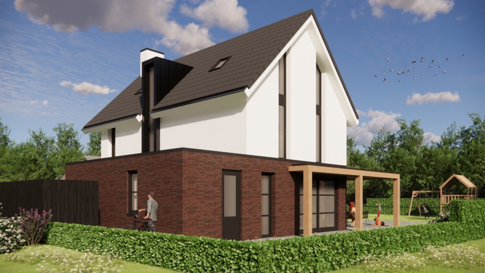 Afbeelding van Witgepleisterde moderne woning met risaliet, houten accenten en vlakke dakpannen - 65f24f52-01a6-4737-8a4b-ec7e112b827d