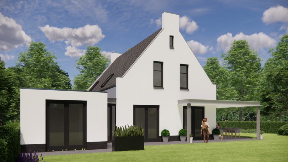 Afbeelding van Vrijstaande moderne woning met pleisterwerk en zadeldak met gegolfde dakpannen - 7ce55cb2-d318-4906-8cd4-cabd9cbdaf77