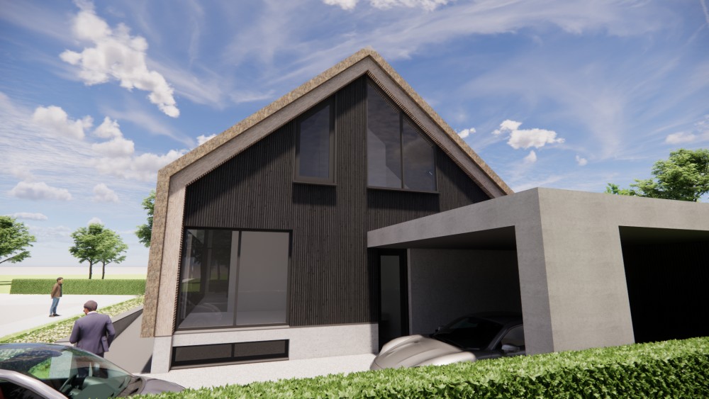 3D Render van moderne schuurwoning met rieten zadeldak en houten gevels 7