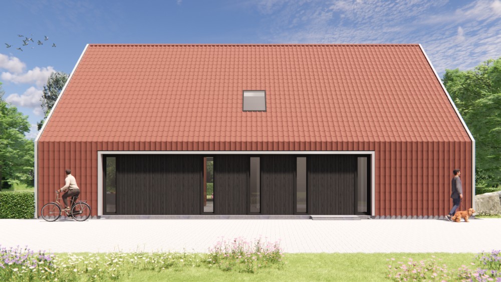 Afbeelding van Schuurwoning met houten gevels, zadeldak en rode gegolfde dakpannen - 1318fc1a-484e-42db-b18b-2dcb67ae1ffa