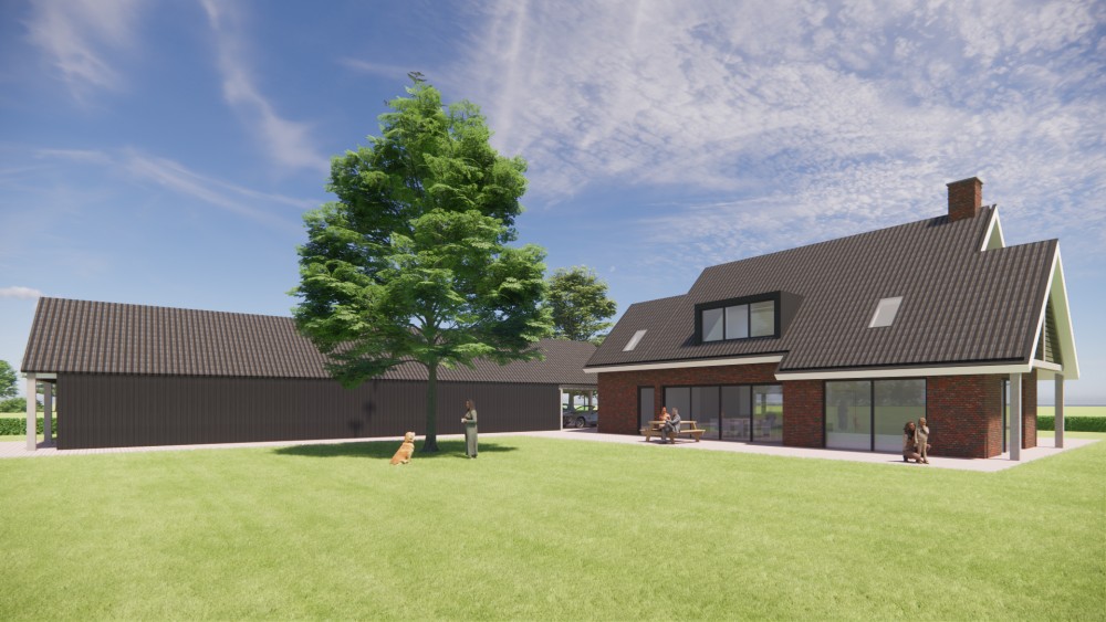 Afbeelding van Landelijk-modern woonhuis met metselwerk, houten balken en gegolfd zadeldak - 756b93cf-261c-4393-81d6-1893cc04da01