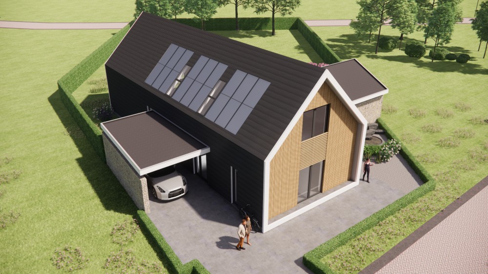 3D Render van landelijke schuurwoning met natuurlijke materialen en heldere zichtlijnen 7