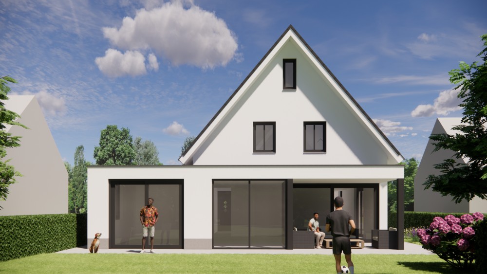 3D Render van gepleisterde gezinswoning met zadeldak, houten kozijnen en ingetogen detaillering 6
