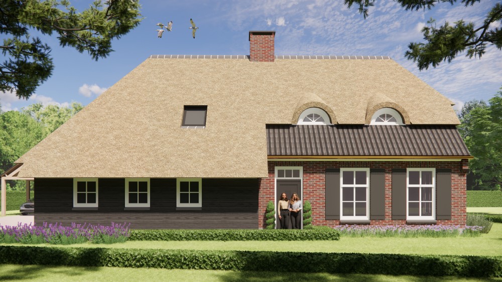 3D Render van landelijke boerderijwoning met rieten dak en metselwerkgevels 8