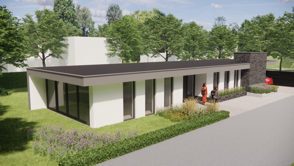 3D Render van modern vrijstaand woonhuis met plat dak en pleisterwerk 6