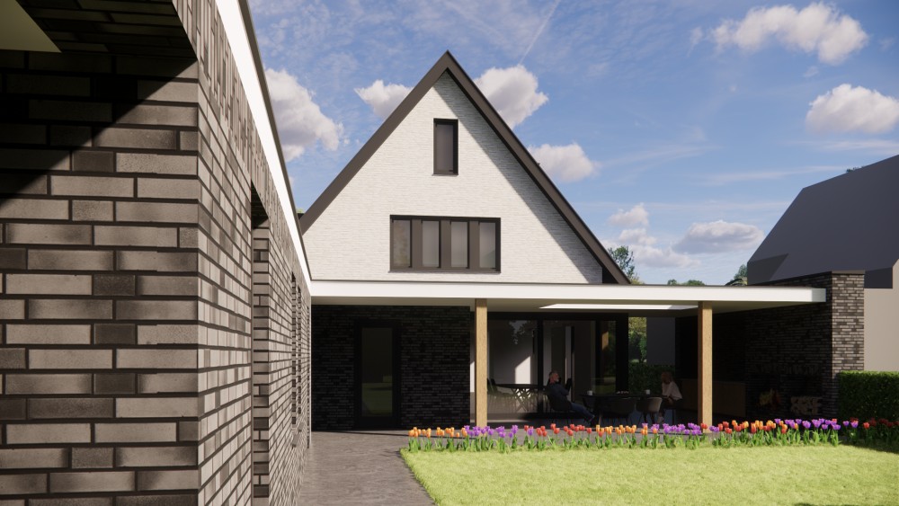 3D Render van moderne vrijstaande woning met gekeimd metselwerk en zadeldak met vlakke dakpan 5