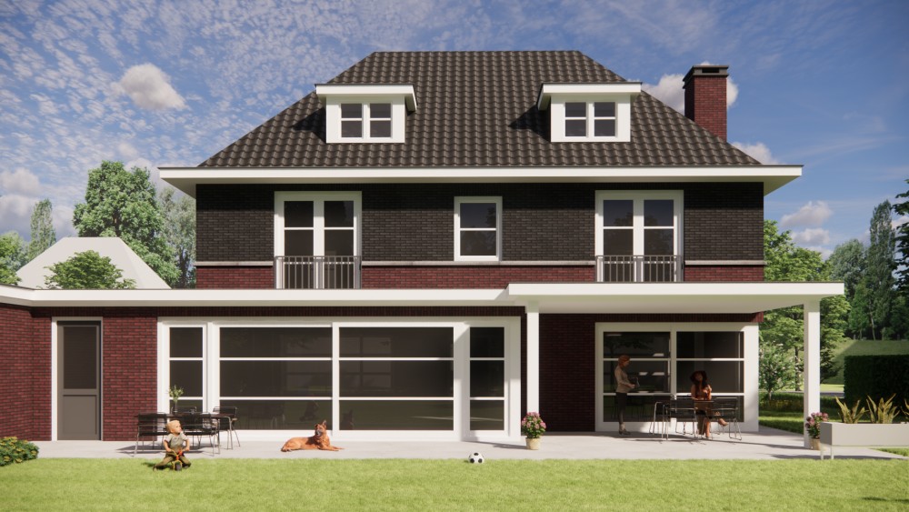 3D Render van vrijstaande jaren 30 notariswoning met metselwerk gevel en schilddak met gegolfde dakpannen 9