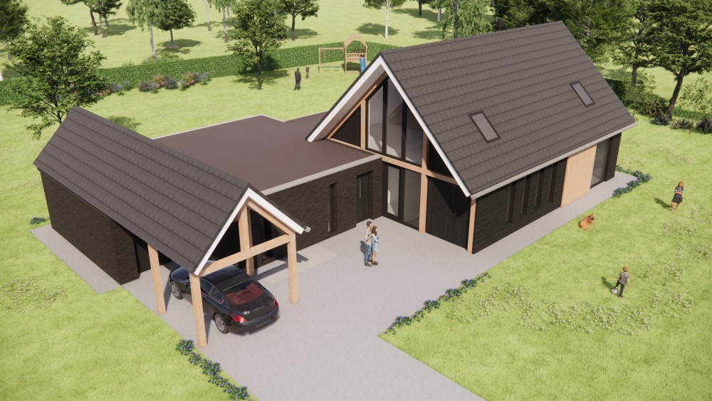 3D Render van eigentijdse schuurwoning met houten gevel en royale dakoverstek 8