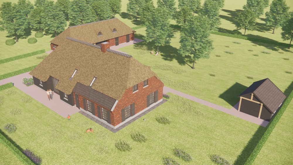3D Render van boerderijwoning met rieten wolfsdak, houten accenten en metselwerkgevels 9