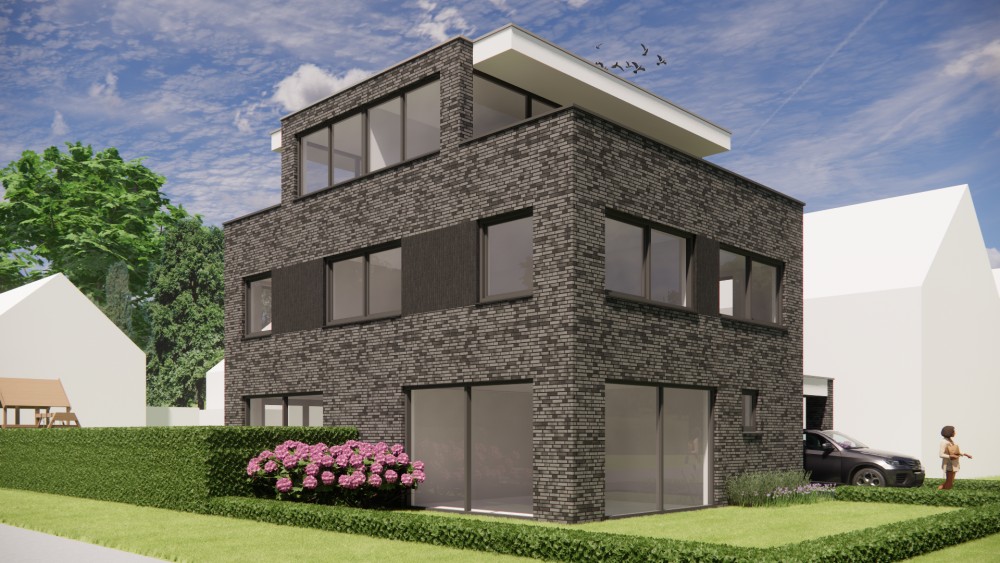 Afbeelding van Kubistische vrijstaande woning met zwart en grijs metselwerk, plat dak en dak overstek - 52407259-b14d-482a-aa95-198bdb6f2177