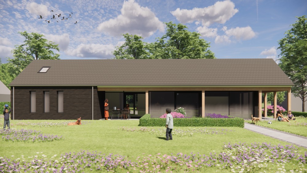 3D Render van schuurwoning met vlakke dakpan, houten details en landelijke setting 6
