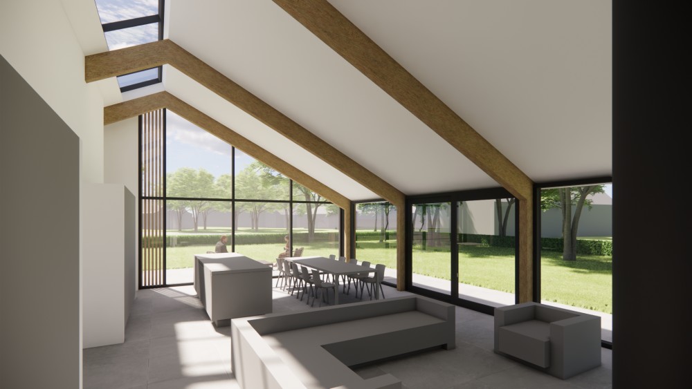 Interieur van schuurwoning met houten gevel en donker felsplaten zadeldak 1