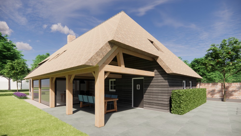 3D Render van vrijstaande schuurwoning met schilddak in metselwerk en hout 5