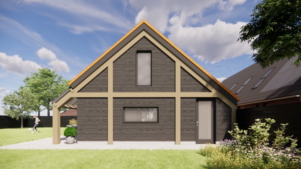 3D Render van vrijstaande schuurwoning met houten gevel, zadeldak met vlakke dakpannen en overdekte entree 7
