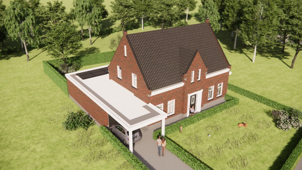 3D Render van traditionele notariswoning met metselwerkgevel, zadeldak en verfijnde details 7