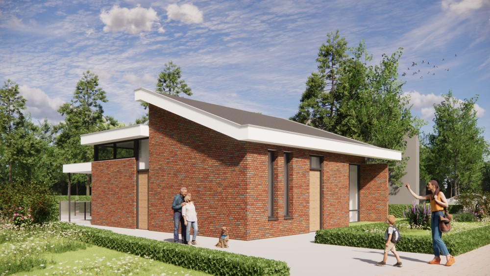 Afbeelding van Moderne vrijstaande woning in metselwerk met lessenaarsdak met vlakke dakpannen en verholen dakgoot - fb4d5532-a7d9-4a04-8acc-1fbba6d542bb