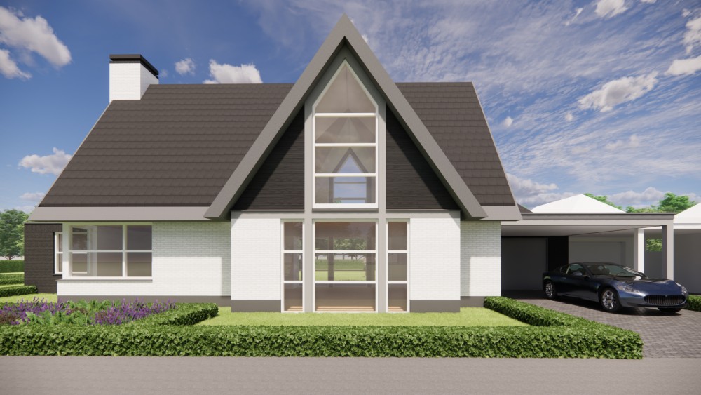 3D Render van vrijstaande moderne woning met wit en zwart metselwerk en zadeldak met vlakke dakpannen 5