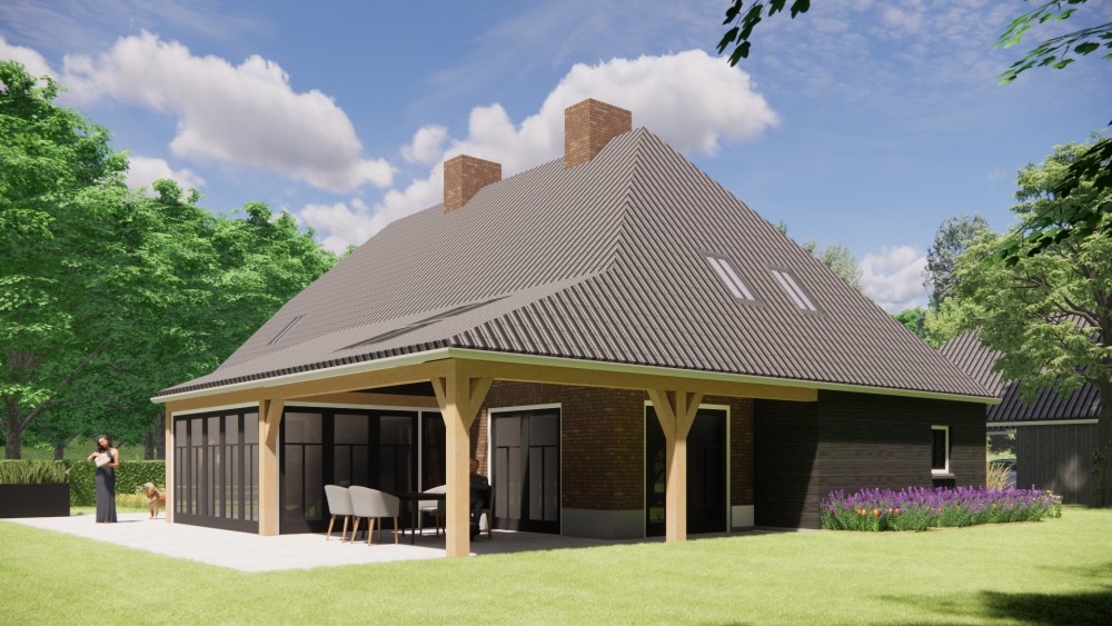 Afbeelding van Landelijke boerderijwoning in metselwerk met wolfsdak met gegolfde dakpannen en houten accenten - 4ef5b783-21fe-468d-bfd1-398cb510267c