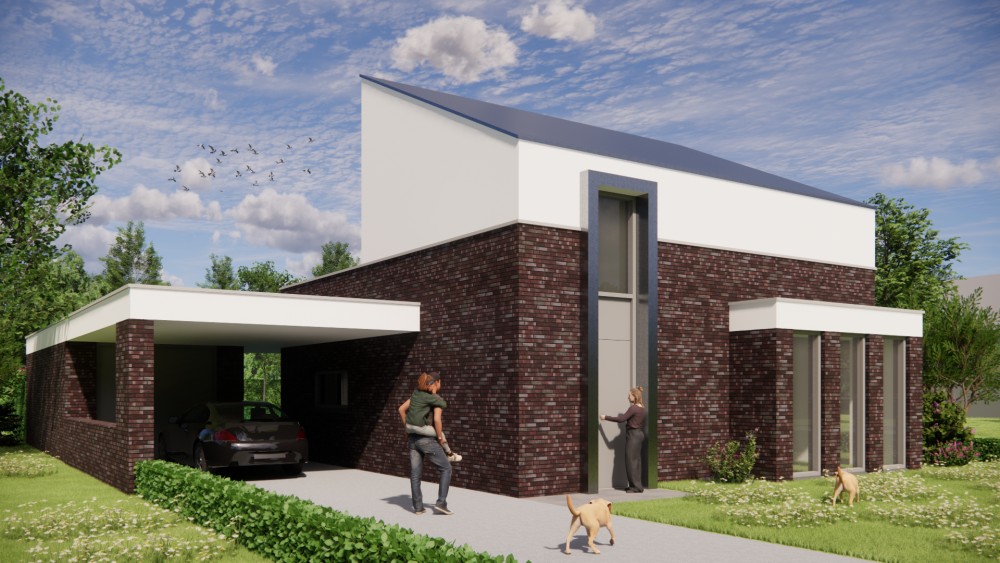 Afbeelding van Moderne woning met donkerrode baksteen, wit pleisterwerk en lessenaarsdak - 1210b361-a440-47e6-9dce-f19dd6288e2a