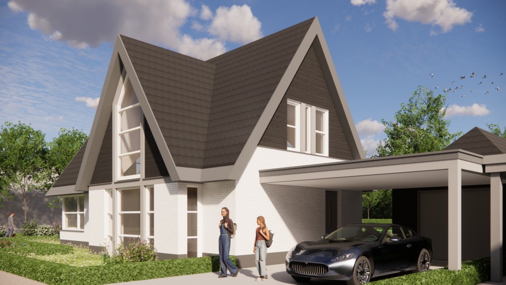 Afbeelding van Vrijstaande moderne woning met wit en zwart metselwerk en zadeldak met vlakke dakpannen - 40c39286-de74-4628-a76a-67b0f376ebe7