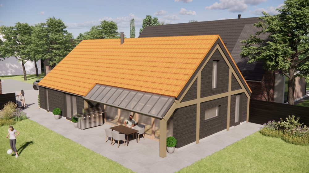 3D Render van vrijstaande schuurwoning met houten gevel, zadeldak met vlakke dakpannen en overdekte entree 5