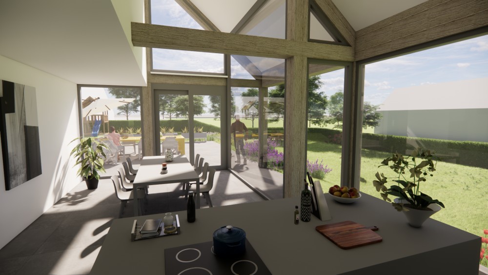 3D Render van vrijstaande schuurwoning met houten gevel, hoekkozijnen en overkapt terras 6