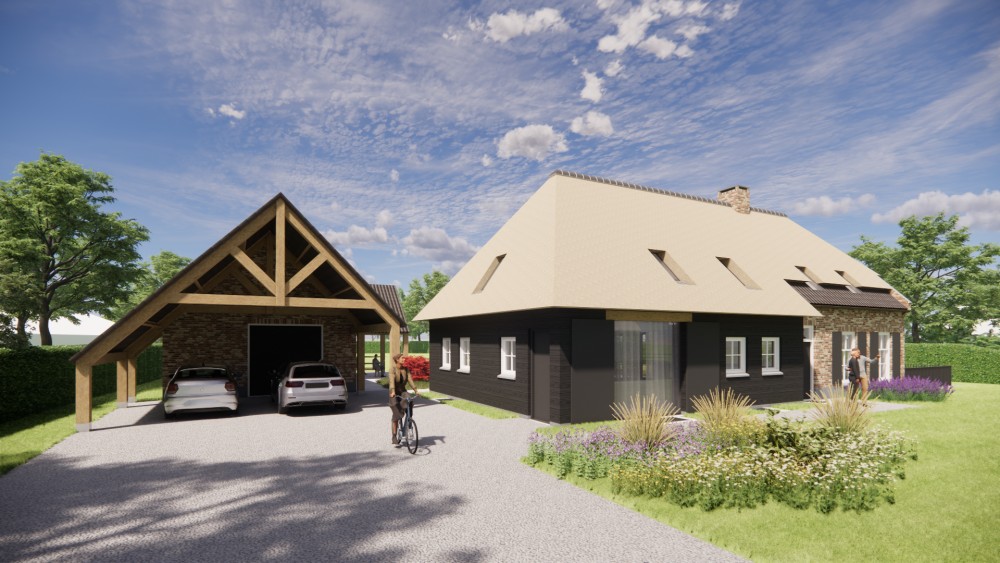 Afbeelding van Landelijke boerderijwoning met rieten wolfsdak en metselwerk met houten accenten - 6635d8b0-74b1-40bd-83d8-d9b409c96c73