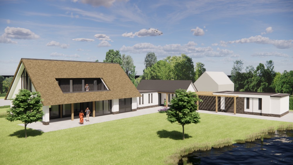 3D Render van moderne L-vormige woning met rieten zadeldak en gekeimde gevels 6