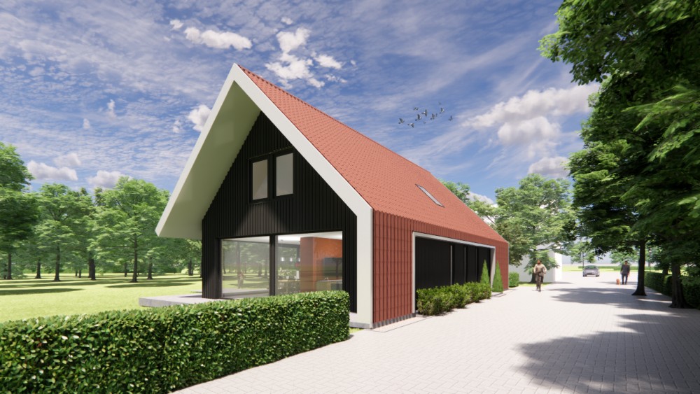 Afbeelding van Schuurwoning met houten gevels, zadeldak en rode gegolfde dakpannen - 1318fc1a-484e-42db-b18b-2dcb67ae1ffa