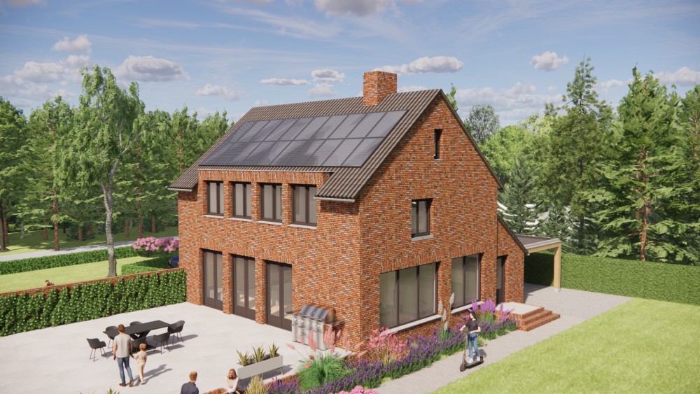 3D Render van woning met zadeldak in gegolfde dakpannen en roodbruin metselwerk met dakkapel 9