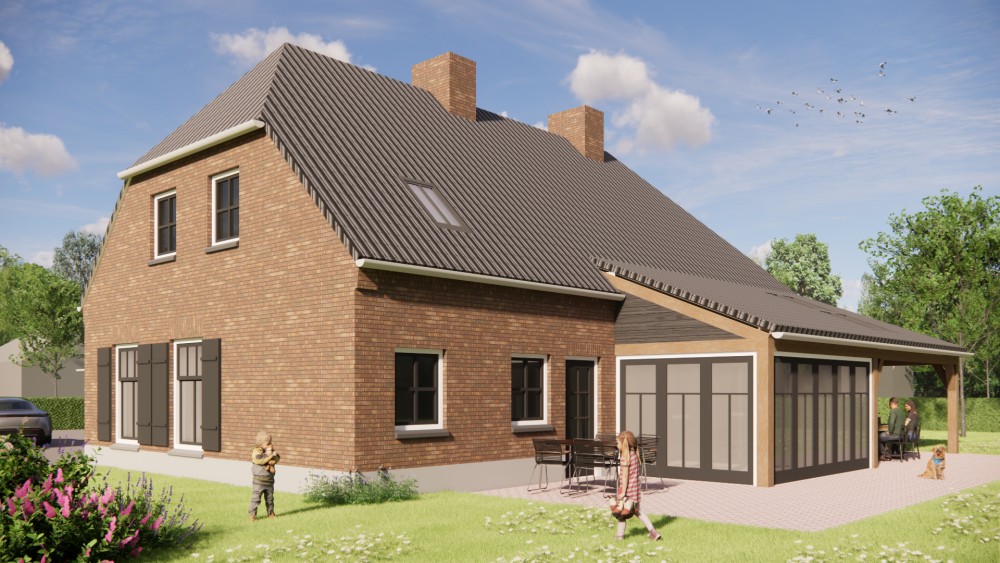 Afbeelding van Landelijke boerderijwoning in metselwerk met wolfsdak met gegolfde dakpannen en houten accenten - 4ef5b783-21fe-468d-bfd1-398cb510267c
