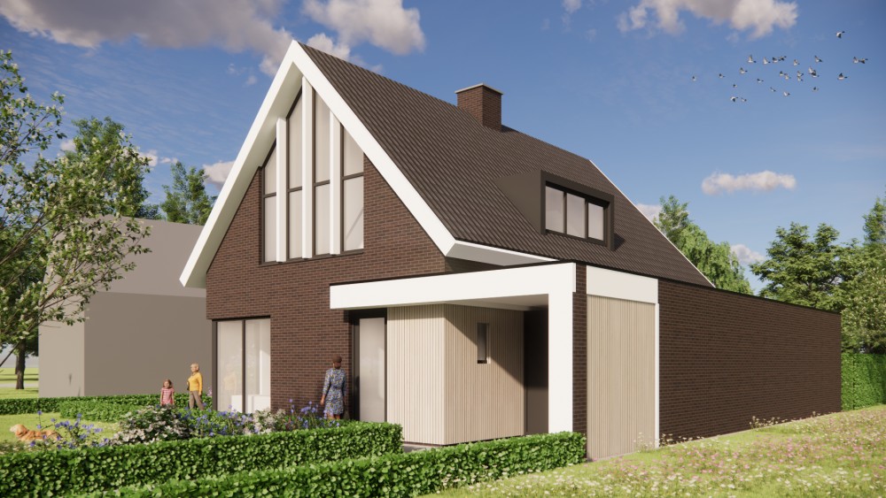 Afbeelding van Eigentijdse woning met metselwerk gevel, houten accenten en markant zadeldak - 6f32d1c2-d28d-4340-999c-111051aaf5ce