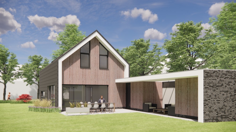 3D Render van eigentijdse schuurwoning met zadeldak bruine houten gevel en vlakke dakpannen 4