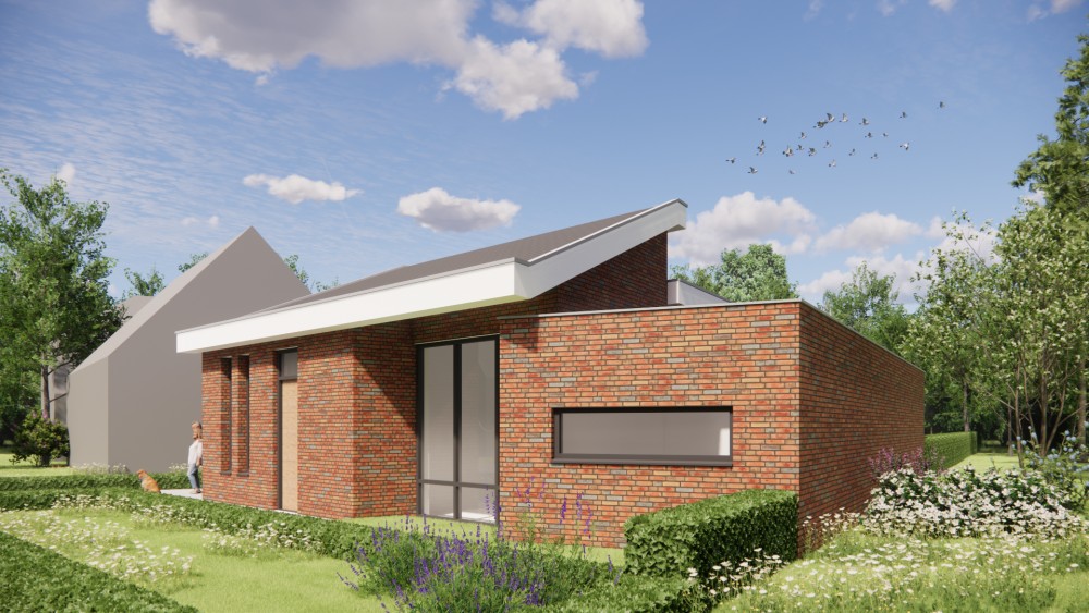 Afbeelding van Moderne vrijstaande woning in metselwerk met lessenaarsdak met vlakke dakpannen en verholen dakgoot - fb4d5532-a7d9-4a04-8acc-1fbba6d542bb