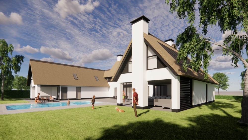 3D Render van rietgedekte villa met u-vorm, gekeimd metselwerk en risaliet 3