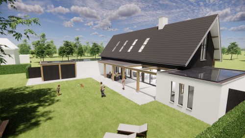 Afbeelding van Moderne schuurwoning met strak pleisterwerk en houten accenten - f693cd34-3170-41b2-9827-167ded287a47