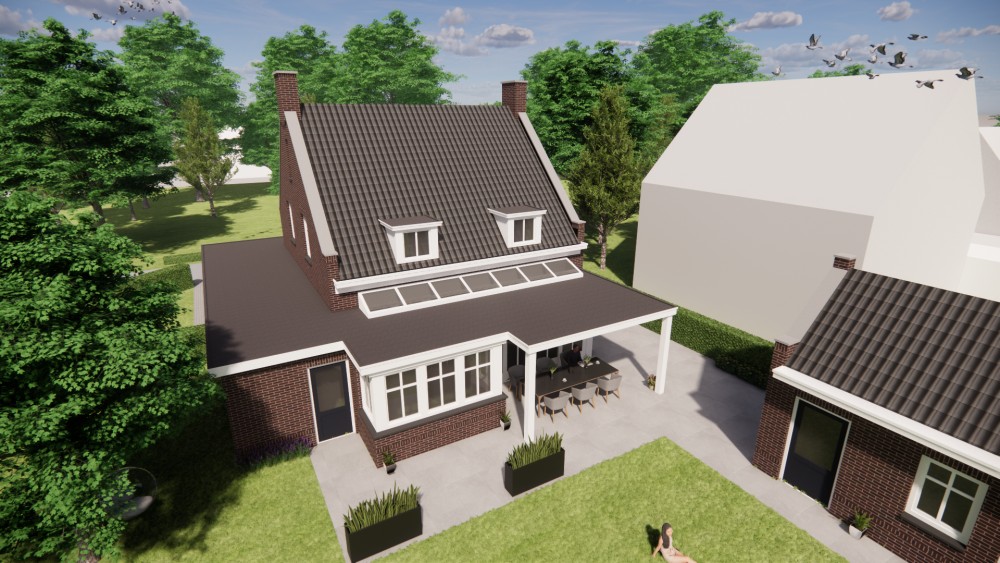 3D Render van vrijstaande jaren 30 nieuwbouw met metselwerkgevel, zadeldak en dakkapel 8