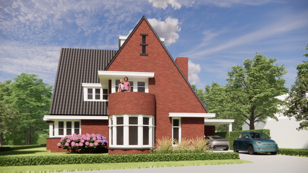 3D Render van vrijstaande jaren 30 woning in metselwerk met zadeldak en gegolfde dakpannen 4