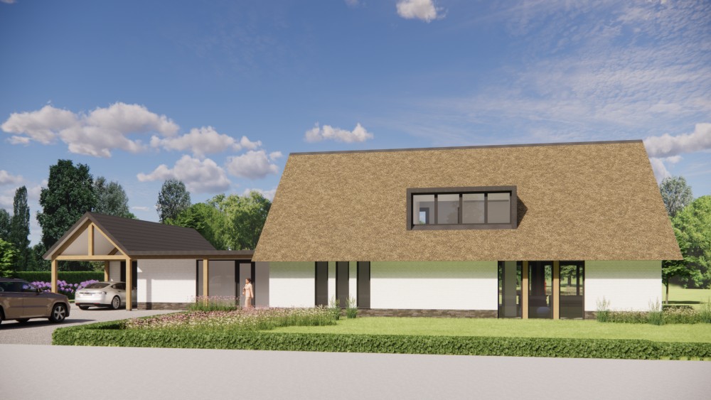 3D Render van moderne L-vormige woning met rieten zadeldak en gekeimde gevels 7