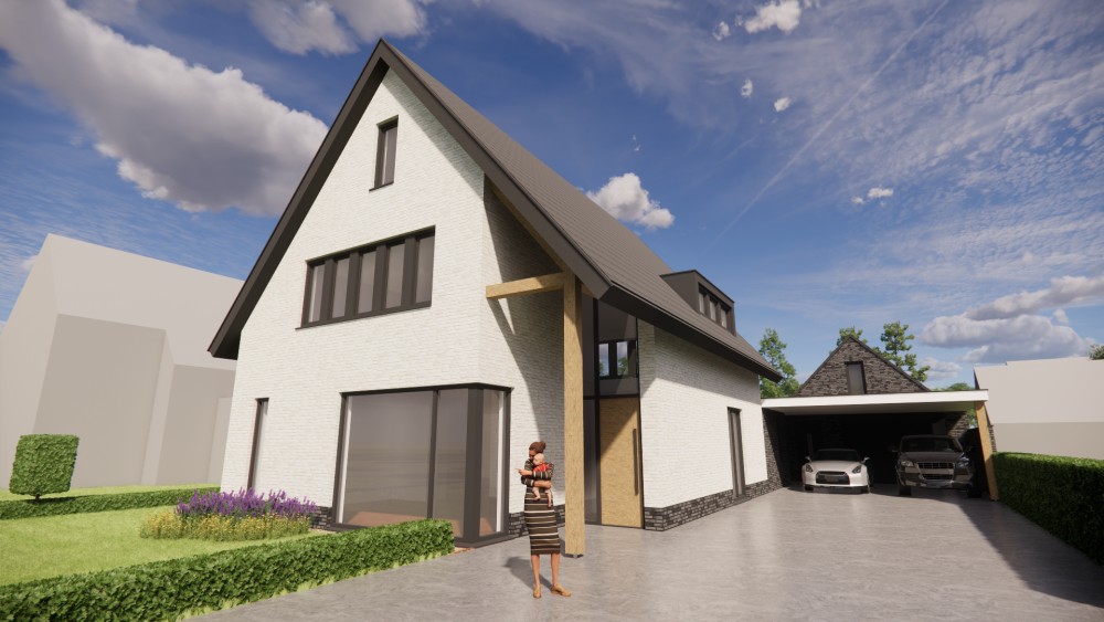 Afbeelding van Moderne vrijstaande woning met gekeimd metselwerk en zadeldak met vlakke dakpan - 68e30eed-b98f-445e-a02e-211ac03f5733