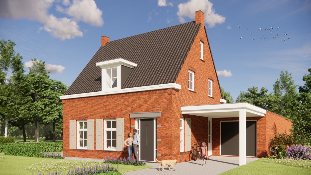 3D Render van traditionele jaren 30-notariswoning met metselwerk, luiken en zadeldak 4