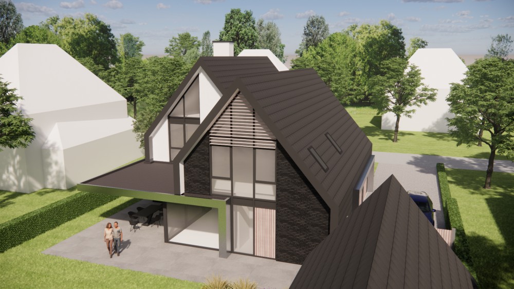 3D Render van eigentijdse villa met metselwerk gevels en zadeldak met vlakke dakpannen 10