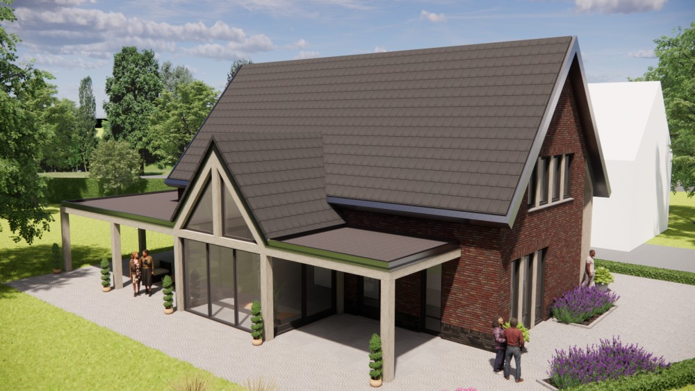 3D Render van moderne vrijstaande woning met metselwerk gevels en zadeldak met vlakke dakpannen 10
