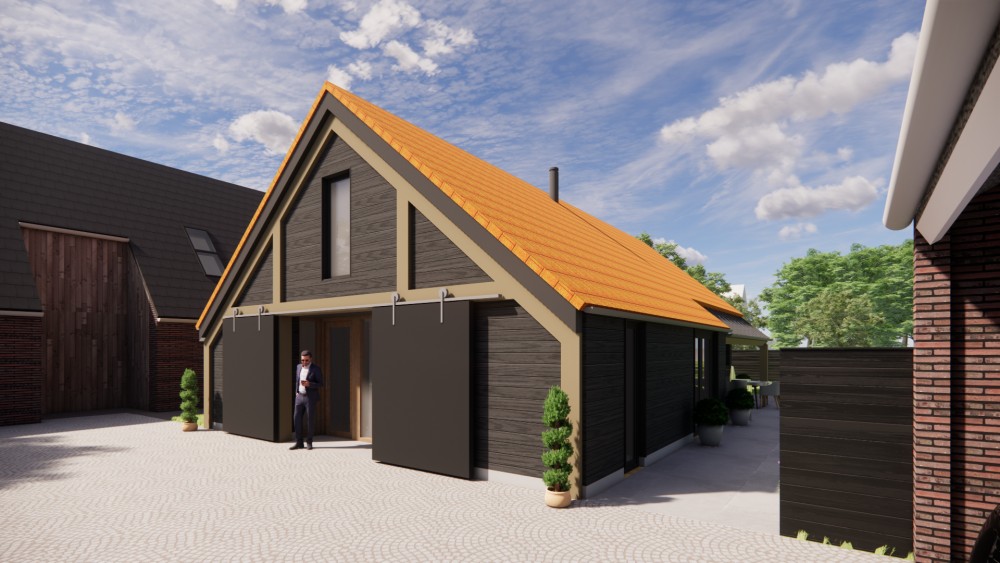 Afbeelding van Vrijstaande schuurwoning met houten gevel, zadeldak met vlakke dakpannen en overdekte entree - 68a113fc-7bc2-4630-9f56-0b4bb4d73e05
