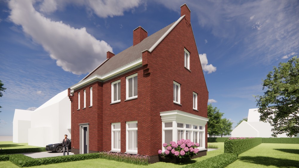 3D Render van vrijstaande jaren 30 woning met metselwerk en zadeldak met gegolfde dakpannen 4