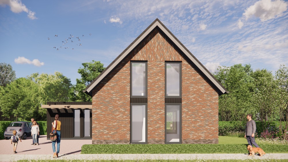 3D Render van landelijke schuurwoning met metselwerk en houten accenten 6