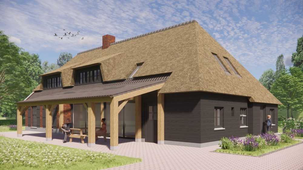 Afbeelding van Boerderijwoning met rieten wolfsdak, houten accenten en metselwerkgevels - 49f07a96-320e-475b-9837-a6ef0179613a